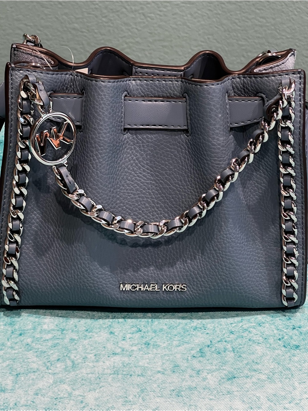 Michael Kors Blue Pebbled Leather Chain-Trim Crossbody Bag